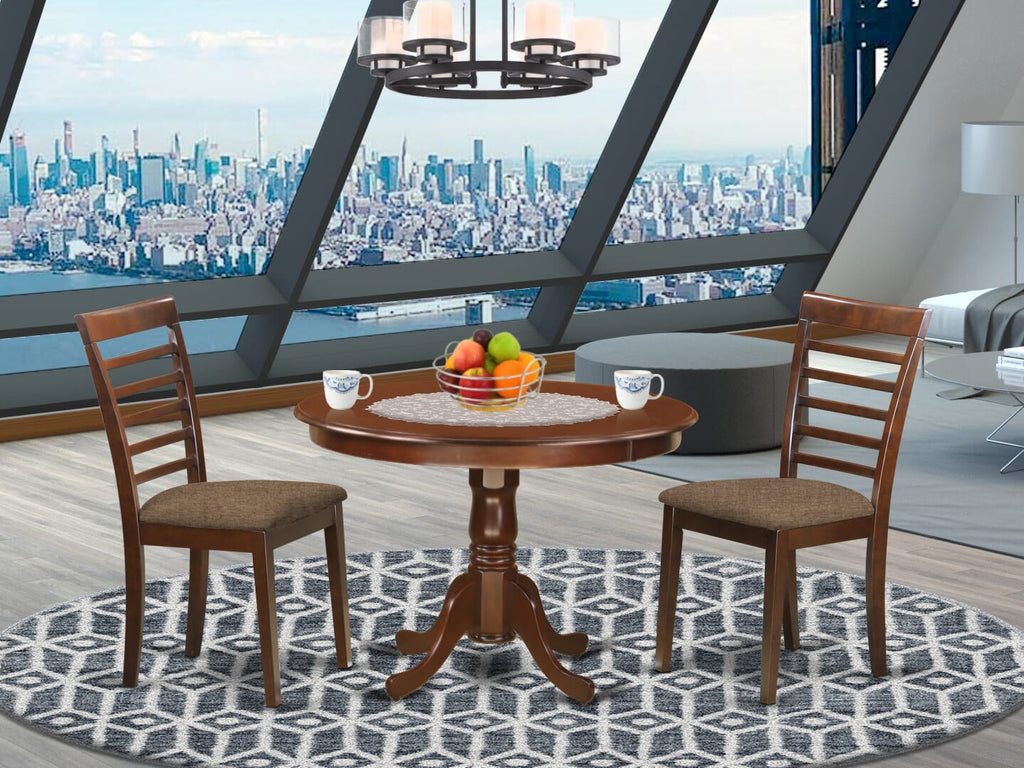HLML3-CYB-2 3-Piece Round Dining Ensemble with Pedestal Base Including Upholstered Chairs, Classic Mahogany Finish