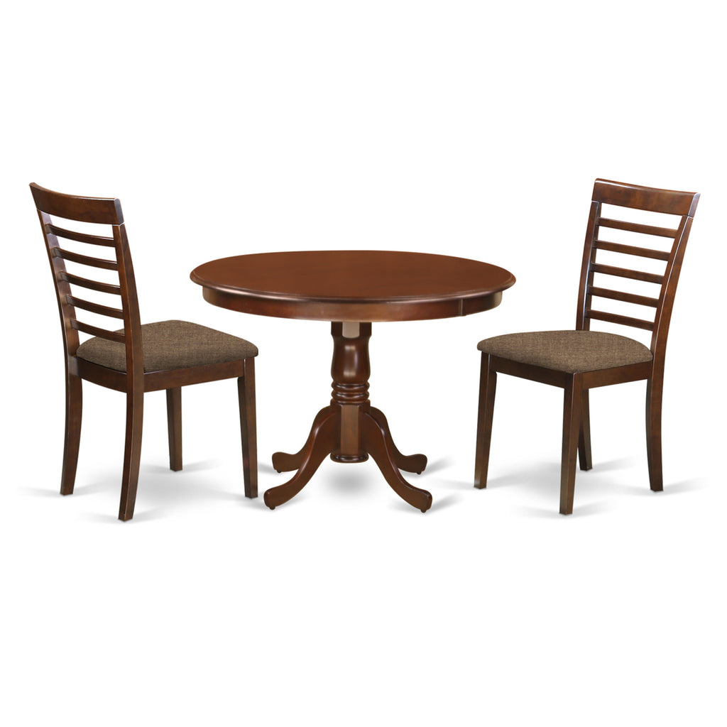 HLML3-CYB-2 3-Piece Round Dining Ensemble with Pedestal Base Including Upholstered Chairs, Classic Mahogany Finish