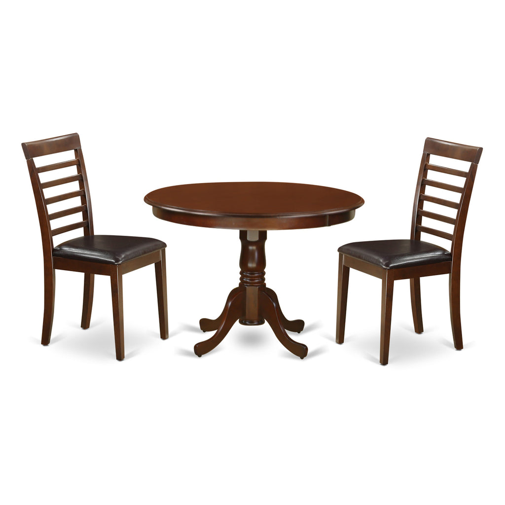 Compact Dining Set HLML3-VZP-MF Round Table with Pedestal & 2 Faux Leather Chairs, Mahogany 42x42 Inch