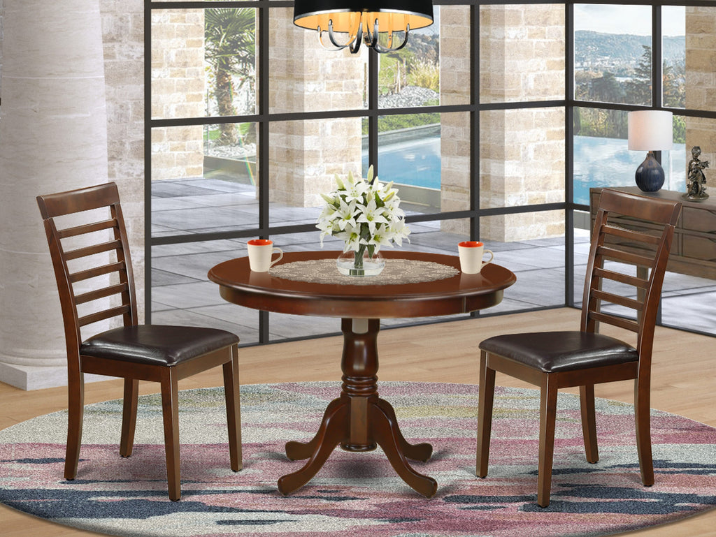 Compact Dining Set HLML3-VZP-MF Round Table with Pedestal & 2 Faux Leather Chairs, Mahogany 42x42 Inch