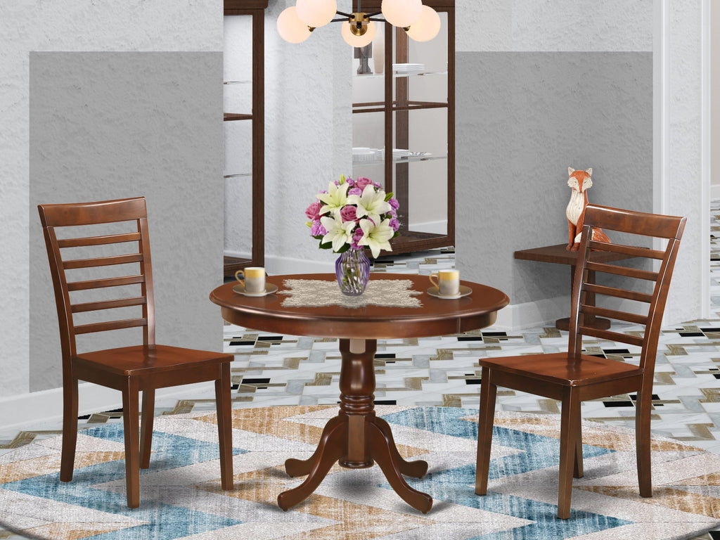 HLML3-1U9-8 Chic Mahogany 3-Piece Round Dining Ensemble with Pedestal Table & Chair Duo for Cozy Dining Spaces