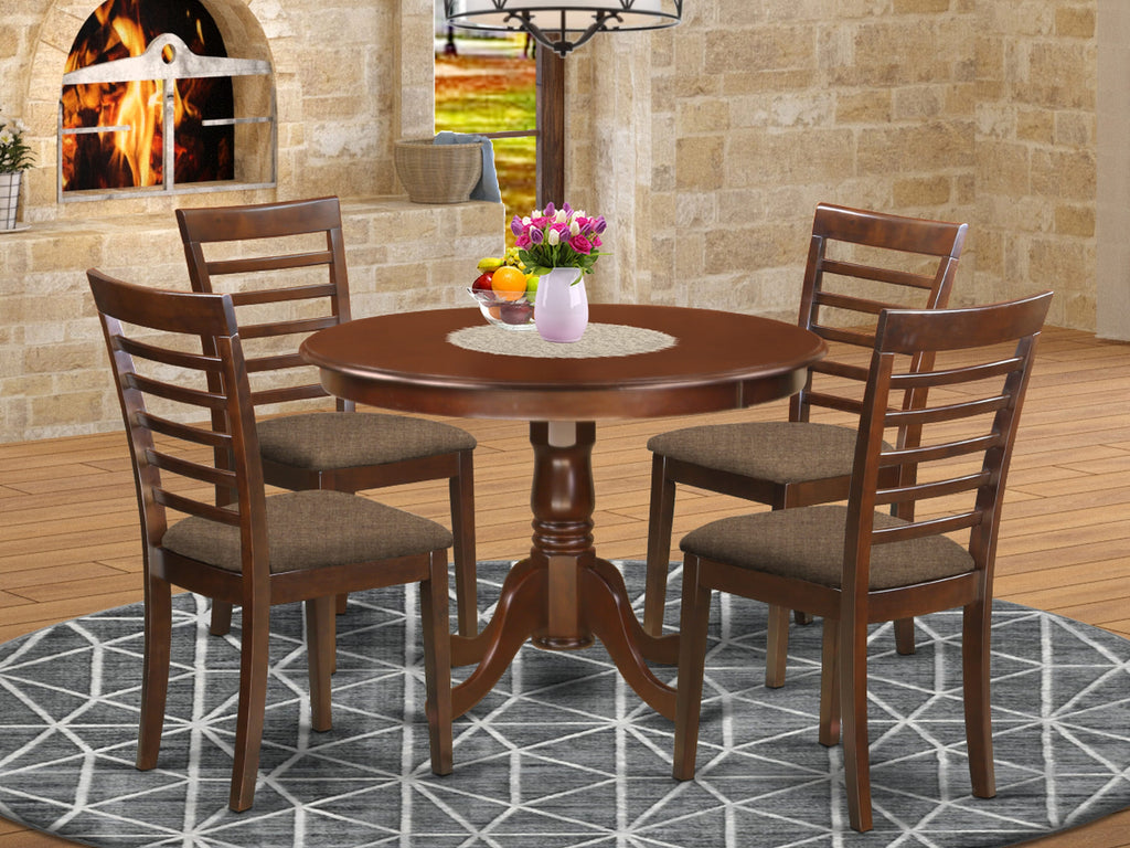 HLML5-86W-R 5-Piece Dining Ensemble with Pedestal Round Table & 4 Upholstered Linen Chairs, Mahogany Finish