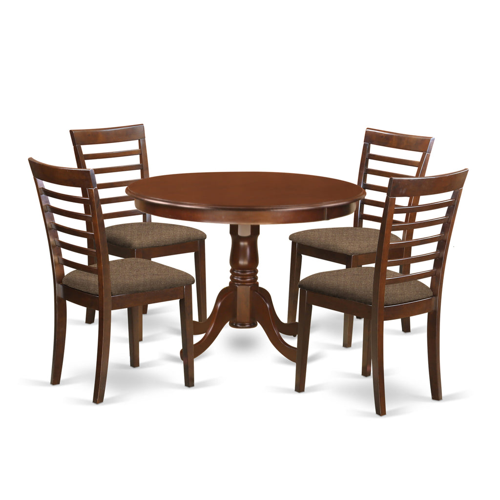 HLML5-86W-R 5-Piece Dining Ensemble with Pedestal Round Table & 4 Upholstered Linen Chairs, Mahogany Finish