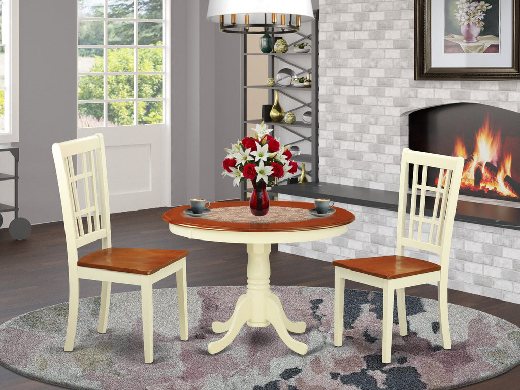 HLNI3-8ZU-T - 3 Piece Compact Dining Set with Rounded Table on Pedestal and Two Chairs, Buttermilk & Cherry