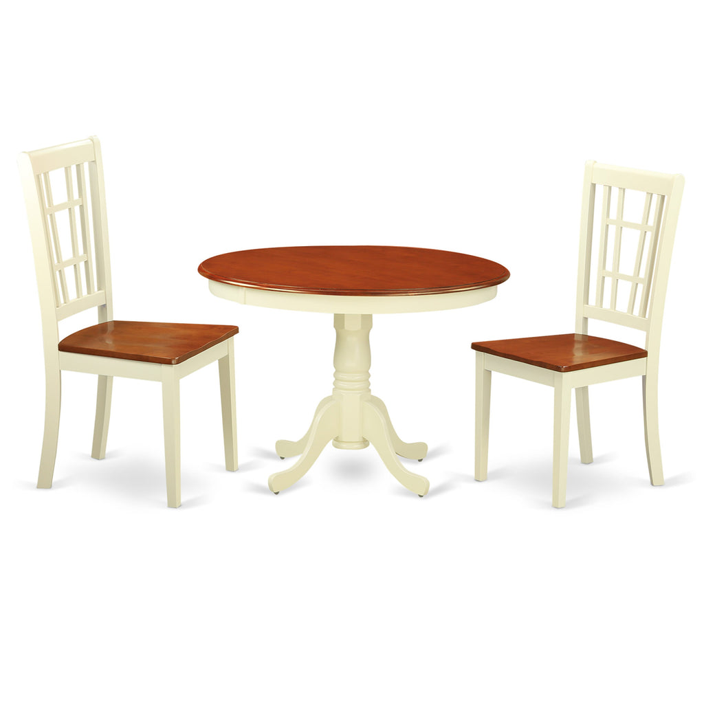 HLNI3-8ZU-T - 3 Piece Compact Dining Set with Rounded Table on Pedestal and Two Chairs, Buttermilk & Cherry