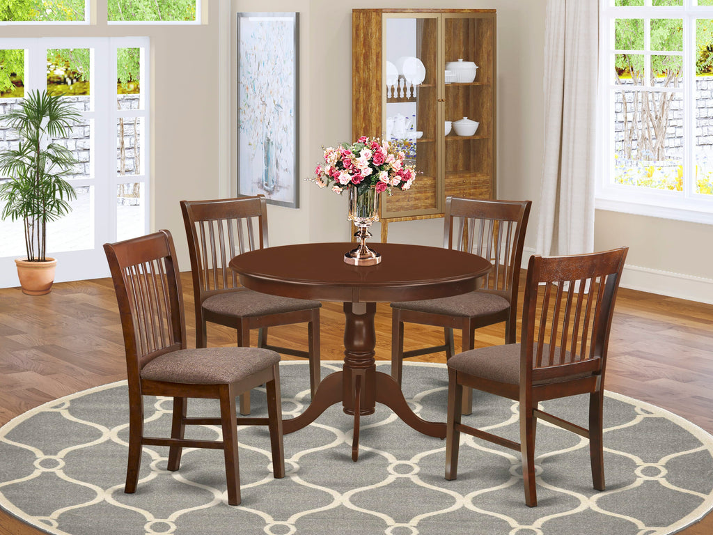 HLNO5-YY3-P 5-Piece Set Elegant Pedestal Table with 4 Upholstered Dining Chairs, 42 Mahogany Charm