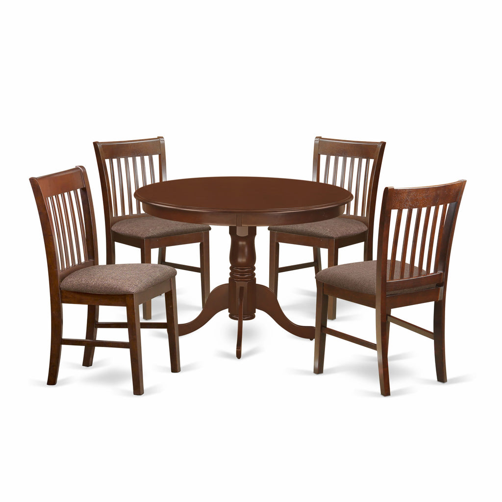 HLNO5-YY3-P 5-Piece Set Elegant Pedestal Table with 4 Upholstered Dining Chairs, 42 Mahogany Charm