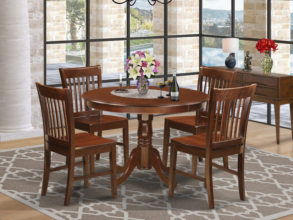 HLNO5-7V1-A Stylish 42x42 Inch Dining Ensemble 5-Piece Set for 4 with Round Table & 4 Chairs, Mahogany Finish