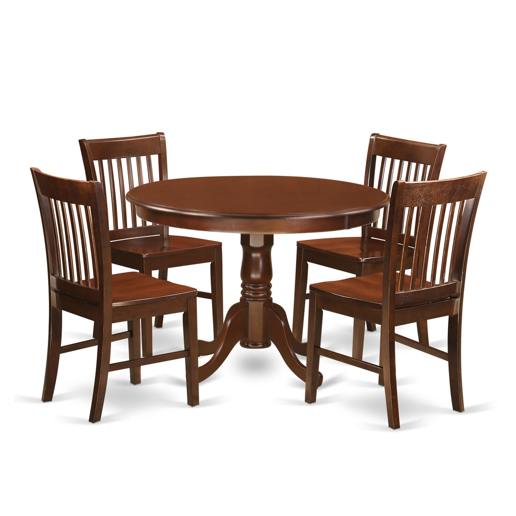 HLNO5-7V1-A Stylish 42x42 Inch Dining Ensemble 5-Piece Set for 4 with Round Table & 4 Chairs, Mahogany Finish