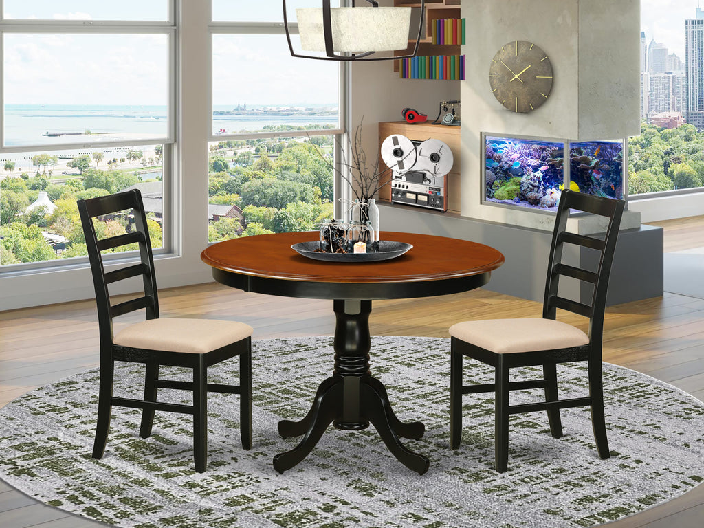 Versatile 3-Piece Dining Suite Round Pedestal Table & 2 Linen Chairs SK HLPF3-CQT-5, Black-Cherry Finish