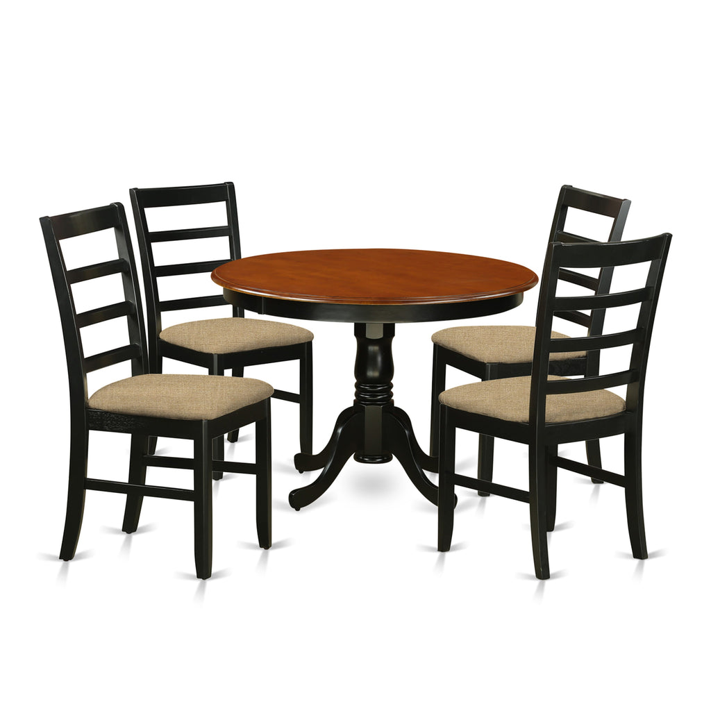 HLPF5-ST1-O 5-Piece Dining Ensemble with Round Pedestal Table & 4 Linen Upholstered Chairs, Black & Cherry Finish