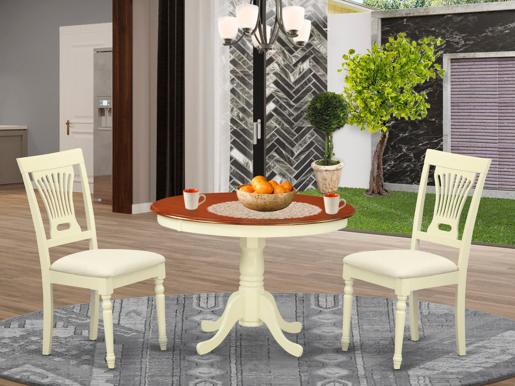 HLPL3-Z10-P 3-Piece Dining Ensemble Cozy Round Table & Plush Linen Chairs, Cherry-Buttermilk Charm
