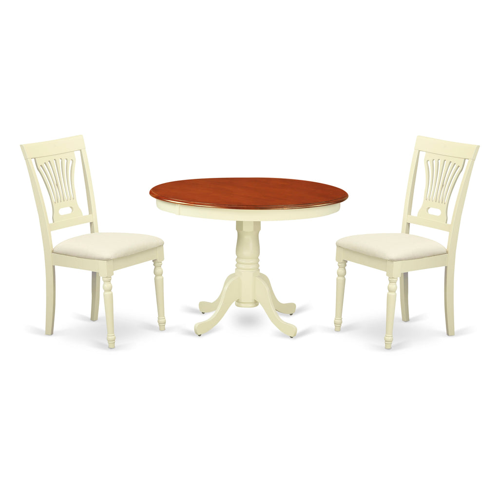 HLPL3-Z10-P 3-Piece Dining Ensemble Cozy Round Table & Plush Linen Chairs, Cherry-Buttermilk Charm