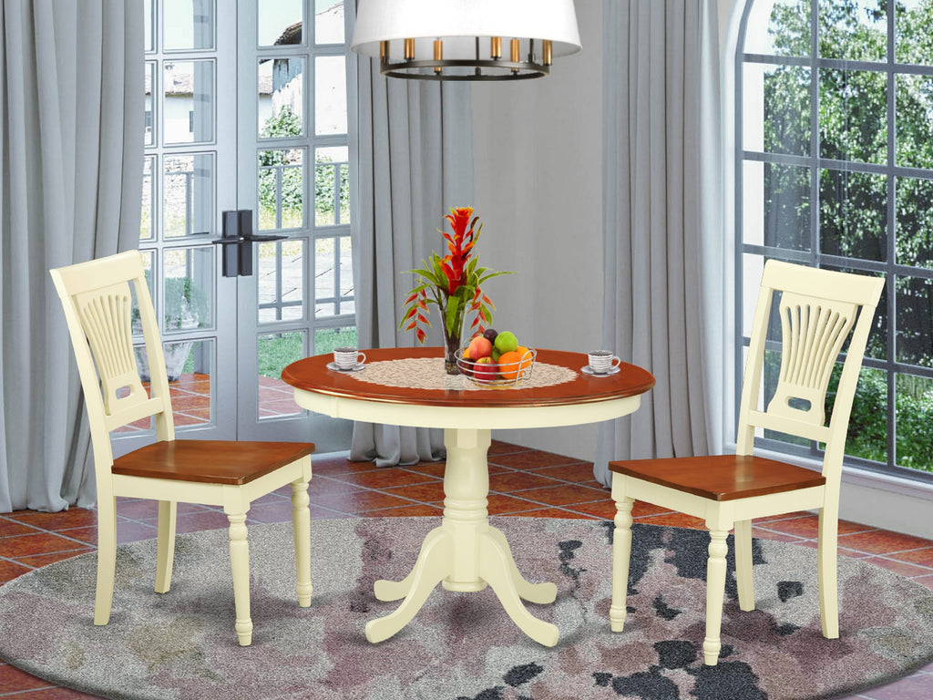 HLPL3-6FB-1 Complete Round Table Trio Pedestal Dining Set with Dual Chairs, 42x42 Buttermilk Cherry Finish