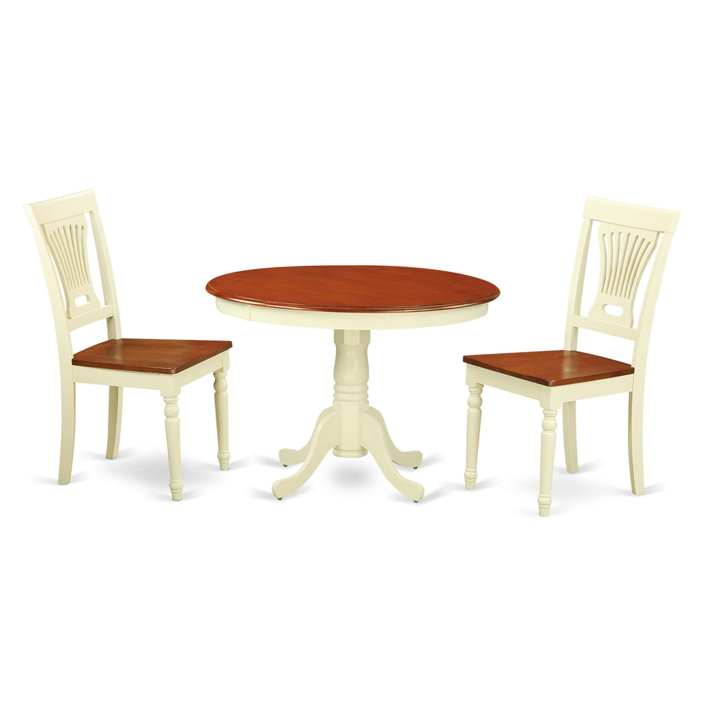 HLPL3-6FB-1 Complete Round Table Trio Pedestal Dining Set with Dual Chairs, 42x42 Buttermilk Cherry Finish