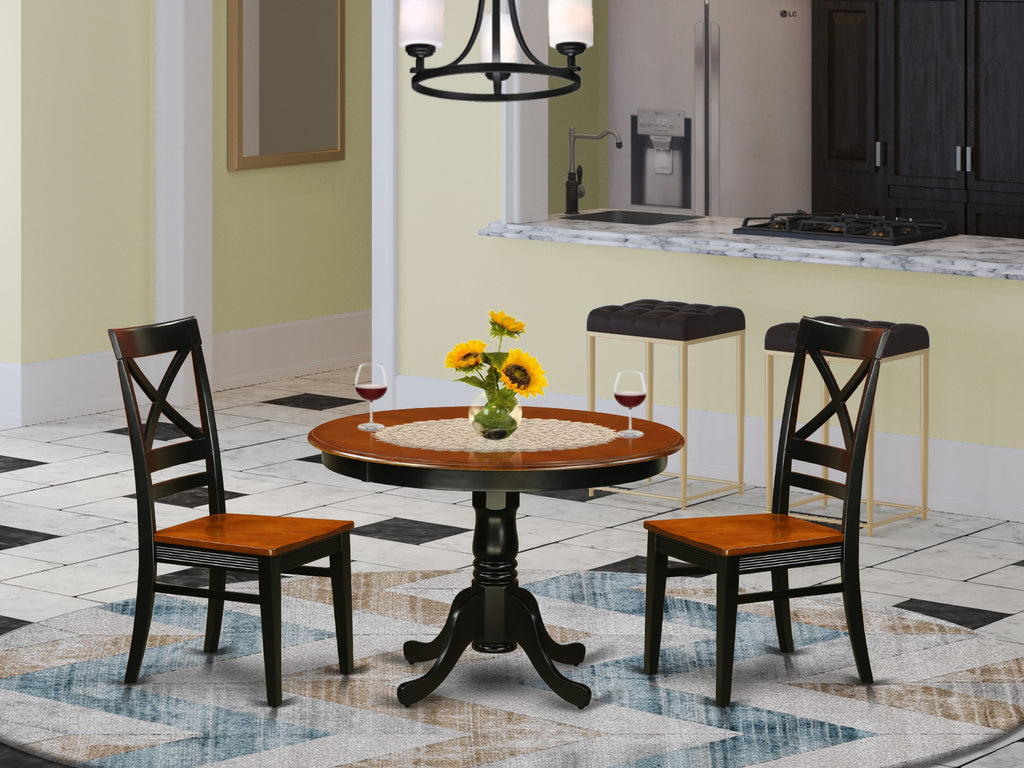 HLQU3-S0K-W Compact Dining Trio Set with Round Pedestal Table and Dual Wood Seating, 42x42 Inches, Black & Cherry Charm