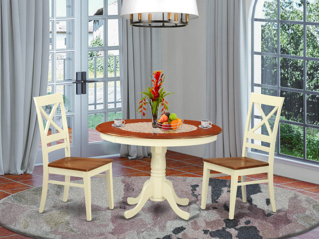 HLQU3-1Q1-M 3 Piece Set with a Round Pedestal Table and Two Chairs in Cream & Cherry Finish - 42 Inch Dining
