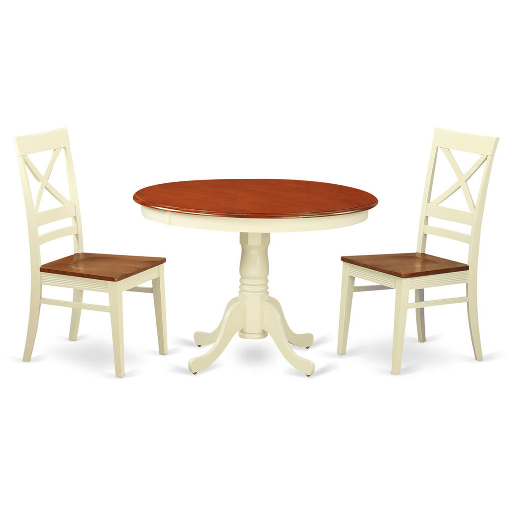 HLQU3-1Q1-M 3 Piece Set with a Round Pedestal Table and Two Chairs in Cream & Cherry Finish - 42 Inch Dining