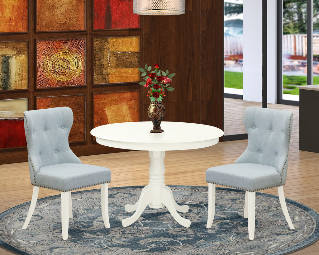 HLSI3-PHE-ZZ Charming 3-Piece Small Space Dining Ensemble with Round Table & Two Blue Fabric Chairs, 42x42 Inch, Linen White