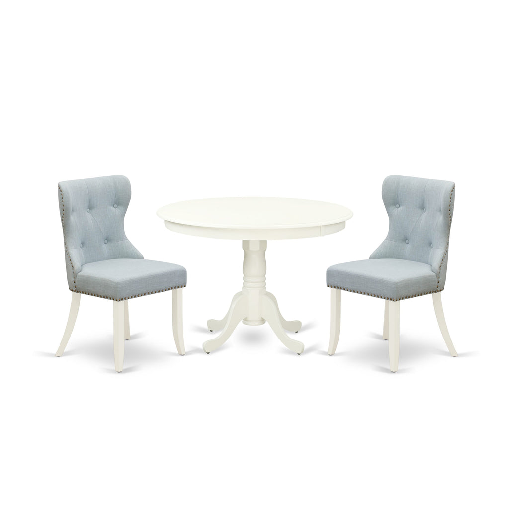 HLSI3-PHE-ZZ Charming 3-Piece Small Space Dining Ensemble with Round Table & Two Blue Fabric Chairs, 42x42 Inch, Linen White