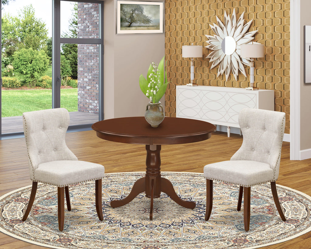HLSI3-AMI-VK Elegant 3-Piece Dining Ensemble with Round Table and Fabric Chairs, Mahogany Finish