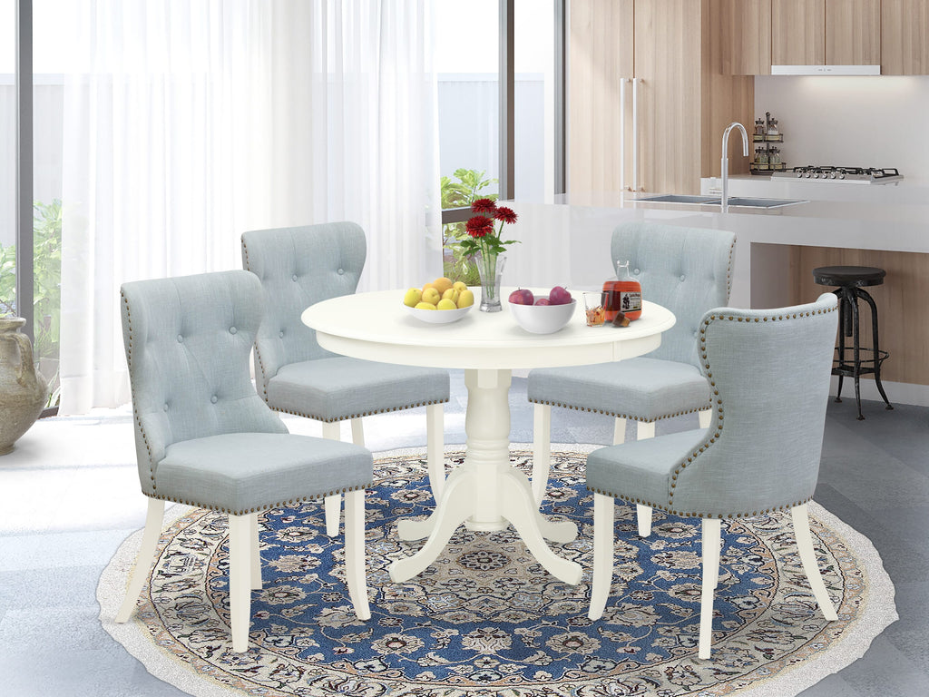 HLSI5-PSH-26 Gorgeous 5-Piece Dining Set with Round Pedestal Table and Baby Blue Parson Chairs, 42x42 Linen White