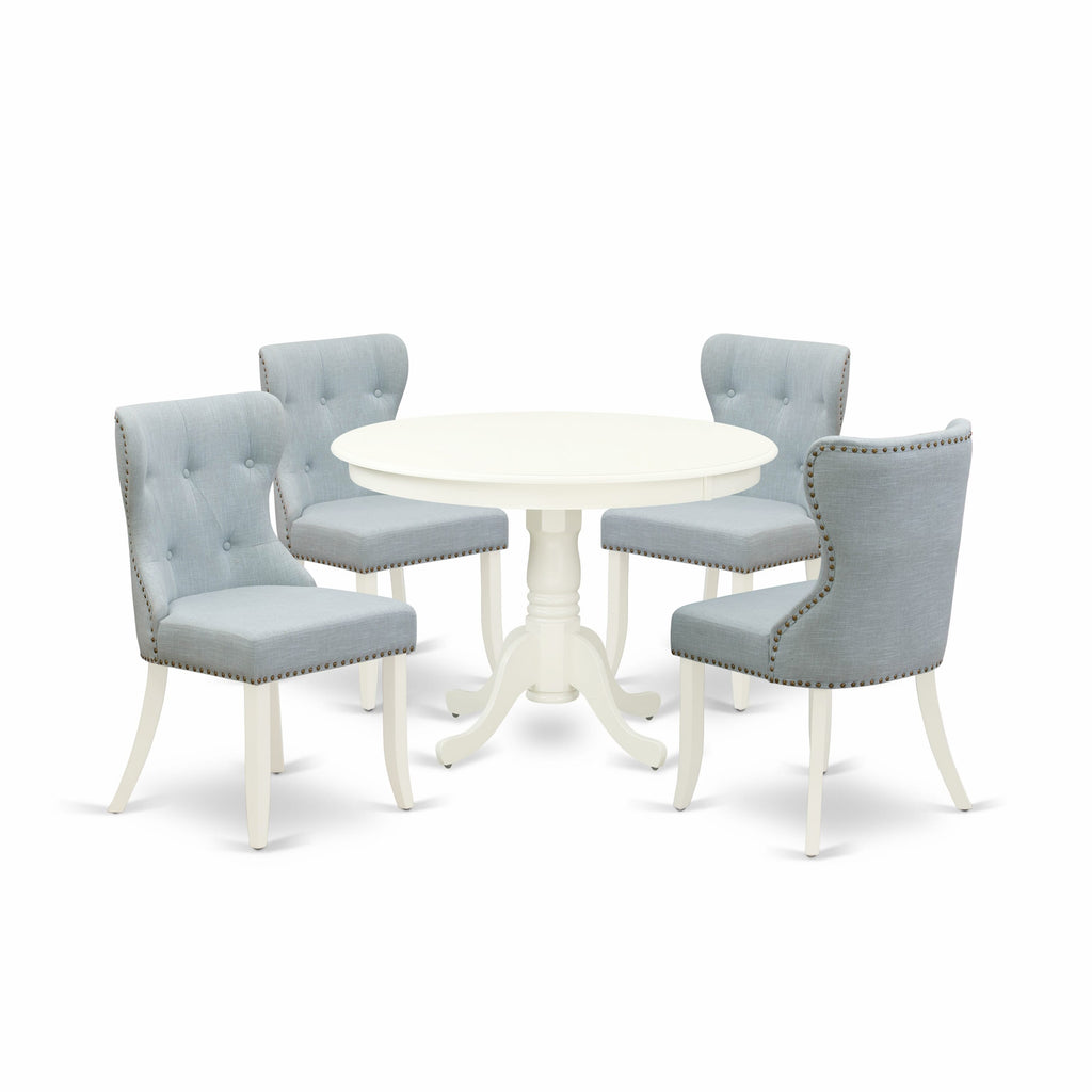 HLSI5-PSH-26 Gorgeous 5-Piece Dining Set with Round Pedestal Table and Baby Blue Parson Chairs, 42x42 Linen White