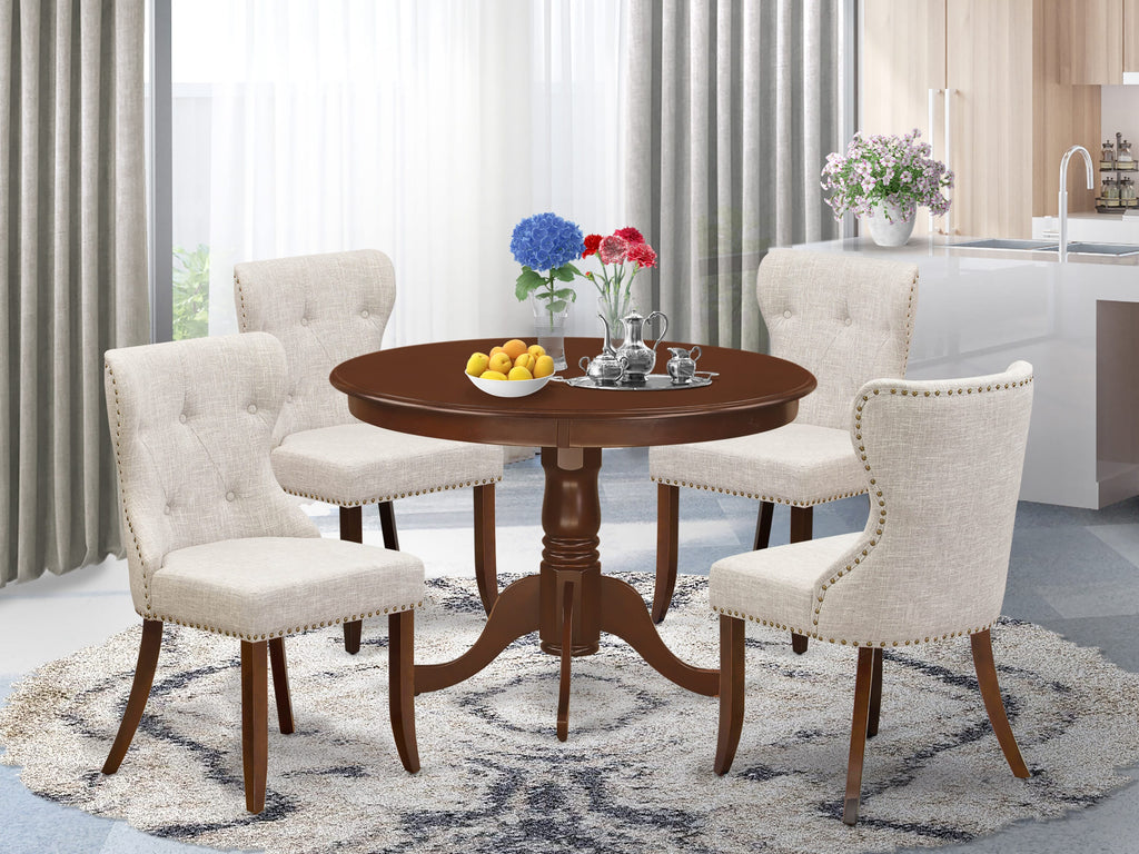HLSI5-0DG-8H Dining Setup Classic Round Table with 4 Dope Fabric Seats, Mahogany Finish