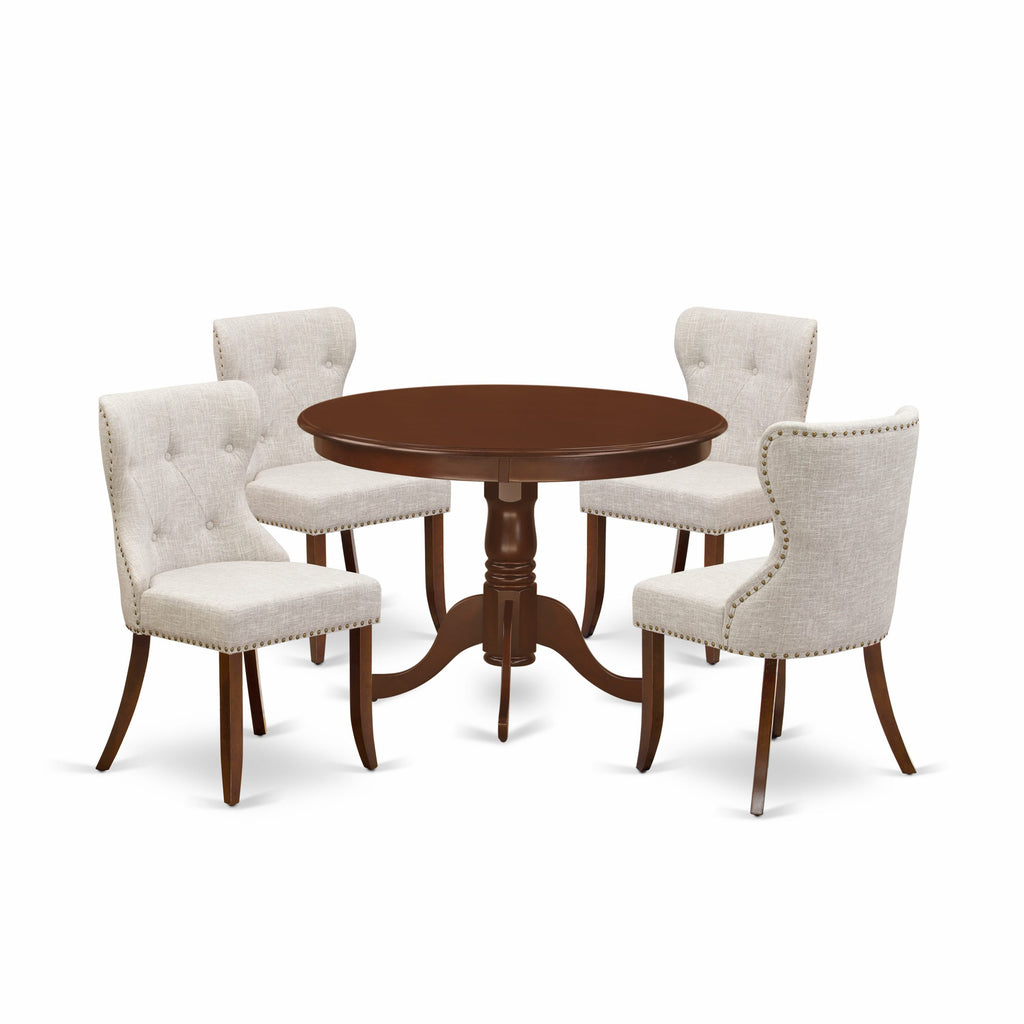 HLSI5-0DG-8H Dining Setup Classic Round Table with 4 Dope Fabric Seats, Mahogany Finish