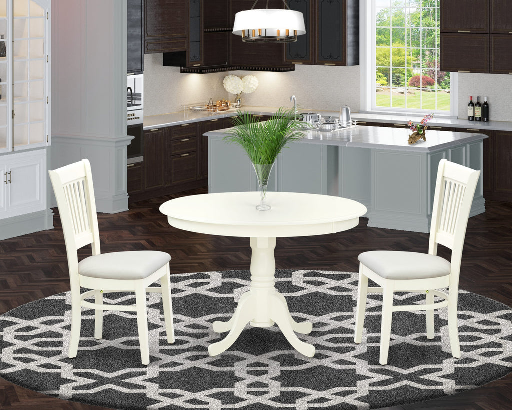 HLVA3-KMT-Y 3-Piece Dining Ensemble Round Table with Pedestal and 2 Linen Fabric Chairs, White Finish, 42x42 Inches