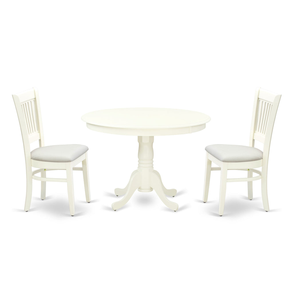 HLVA3-KMT-Y 3-Piece Dining Ensemble Round Table with Pedestal and 2 Linen Fabric Chairs, White Finish, 42x42 Inches