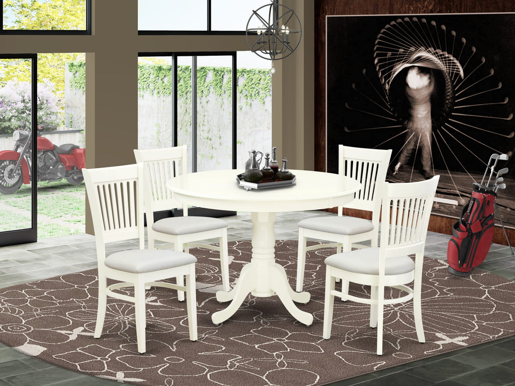 HLVA5-847-6 5-Piece Dining Ensemble with Pedestal Table & 4 Upholstered Seats, 42 Linen White