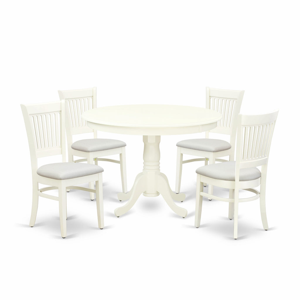 HLVA5-847-6 5-Piece Dining Ensemble with Pedestal Table & 4 Upholstered Seats, 42 Linen White