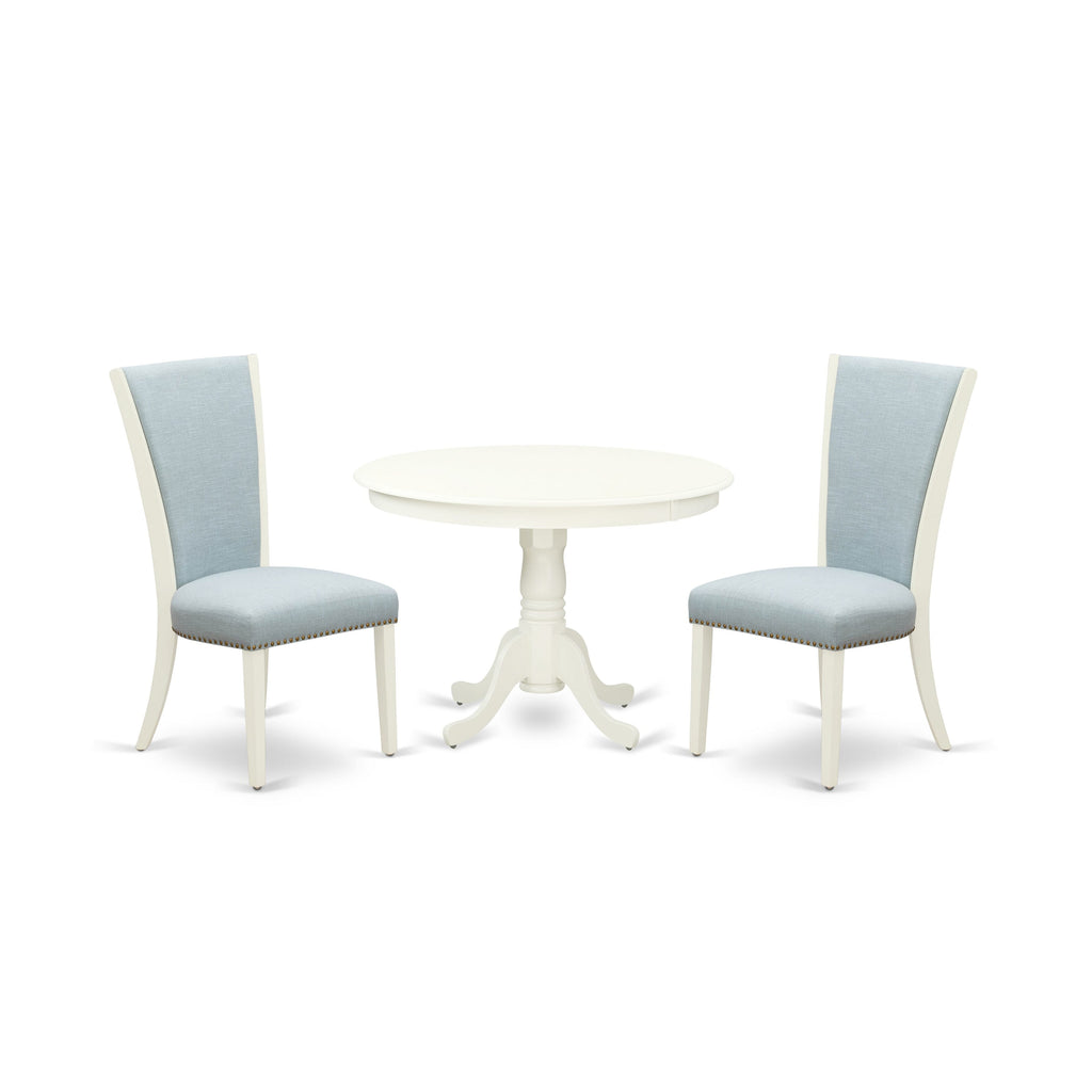 HLVE3-ZQN Blue and White Dining Set Round Table with Pedestal and Linen Chairs, 3 Pieces, 42