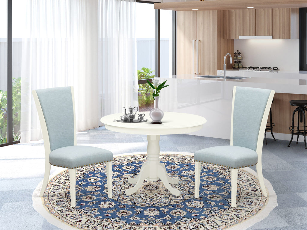 HLVE3-ZQN Blue and White Dining Set Round Table with Pedestal and Linen Chairs, 3 Pieces, 42