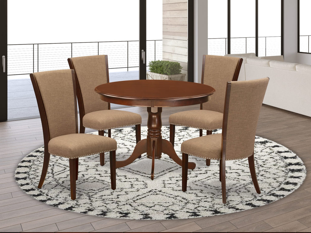 HLVE5-4FG-6L 5-Piece Dining Ensemble Round Wooden Pedestal Table & 4 Sable Linen Parsons Chairs, 42 by 42, Linen White