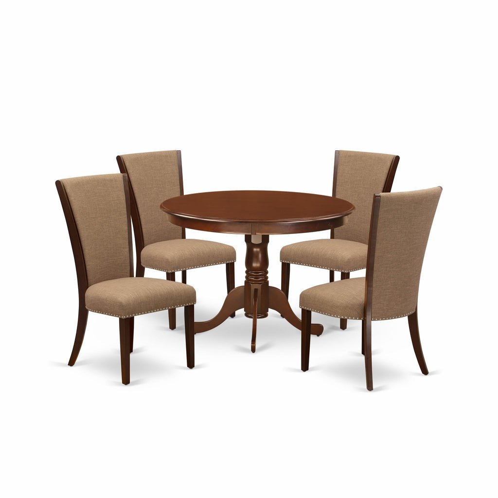 HLVE5-4FG-6L 5-Piece Dining Ensemble Round Wooden Pedestal Table & 4 Sable Linen Parsons Chairs, 42 by 42, Linen White