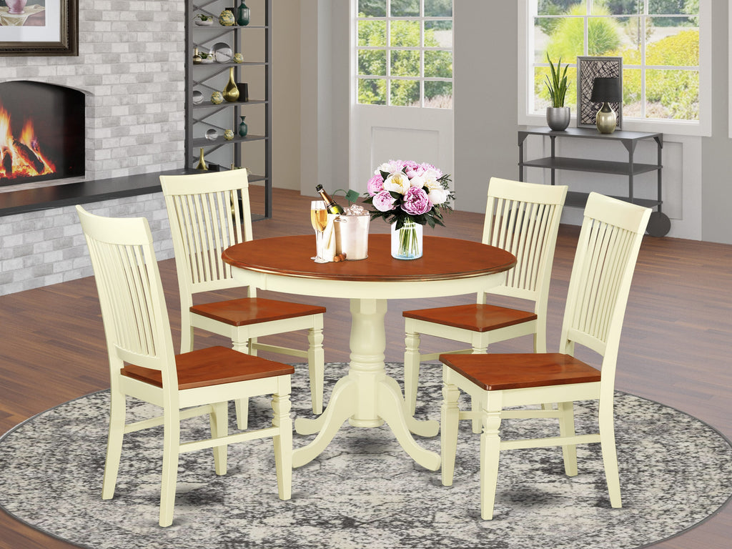 HLWE5-CM9-W - Chic 5-Piece Pedestal Dining Set with Round Table and 4 Chairs in Dual Finish