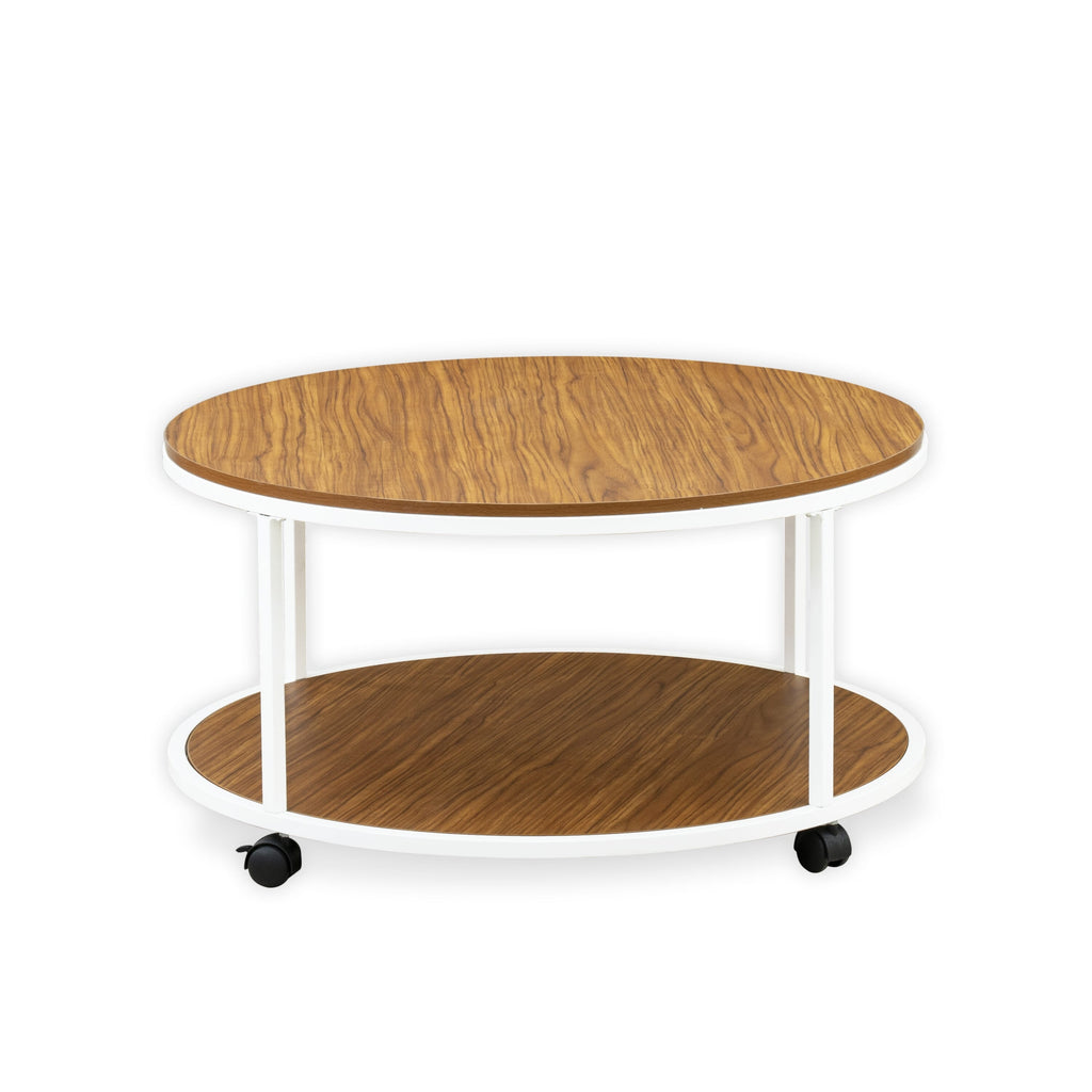 HRCTWWJ Round Mid Century Living Room Coffee Table with Dual Tiers and Elegant Design, 35-Inch, White Frame and Brown Surface