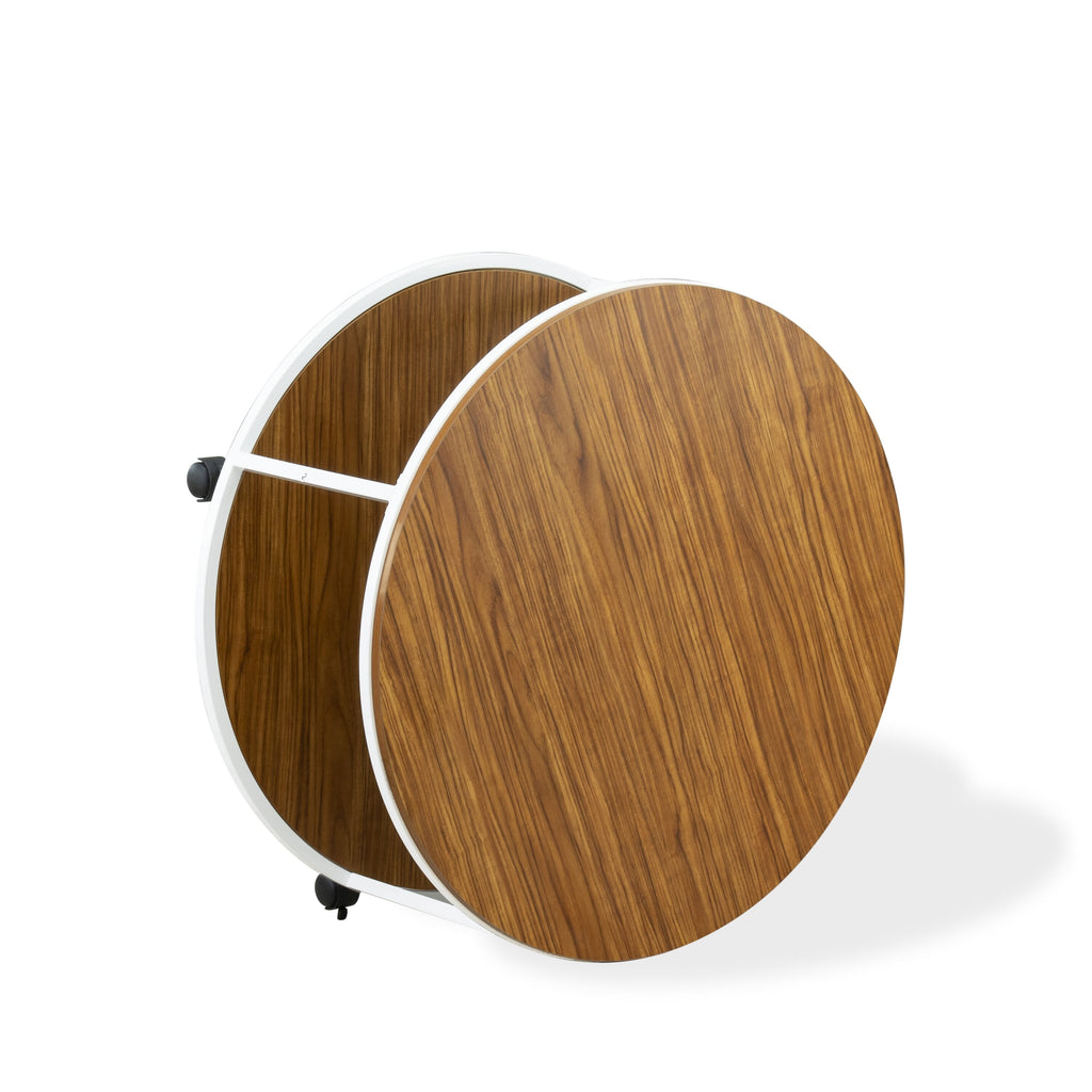 HRCTWWJ Round Mid Century Living Room Coffee Table with Dual Tiers and Elegant Design, 35-Inch, White Frame and Brown Surface