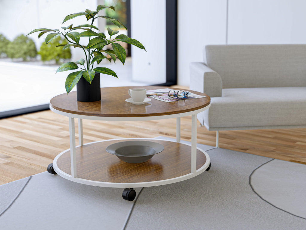 HRCTWWJ Round Mid Century Living Room Coffee Table with Dual Tiers and Elegant Design, 35-Inch, White Frame and Brown Surface