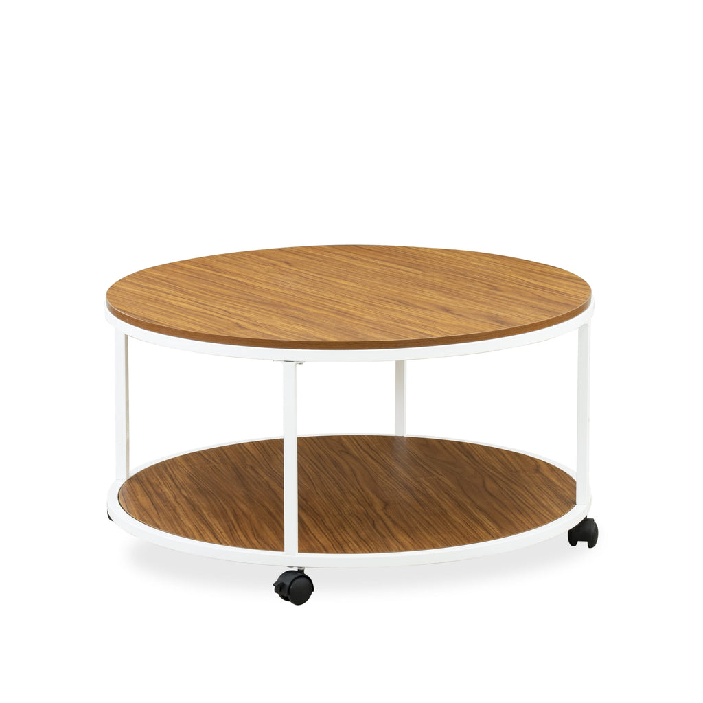 HRCTWWJ Round Mid Century Living Room Coffee Table with Dual Tiers and Elegant Design, 35-Inch, White Frame and Brown Surface