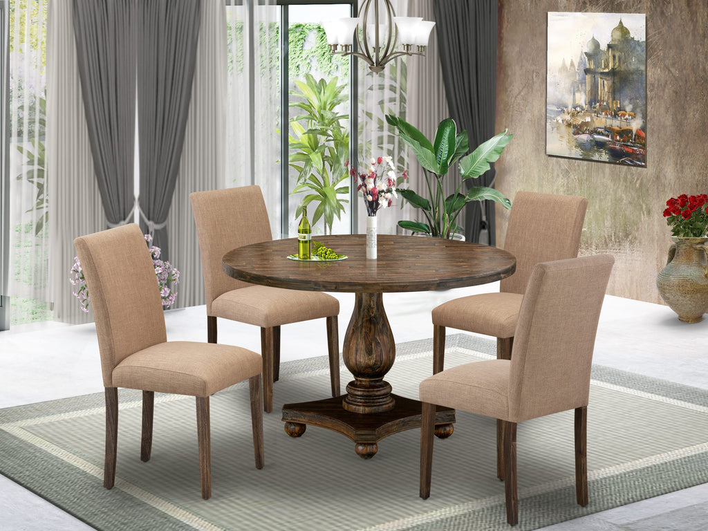 I2AB5-XCC - 5 Piece Dining Ensemble with Round Pedestal Table & 4 Linen Upholstered Seats, 48x48 Distressed Jacobean