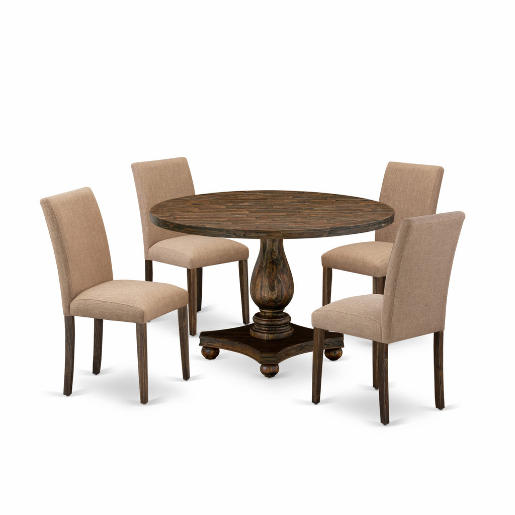 I2AB5-XCC - 5 Piece Dining Ensemble with Round Pedestal Table & 4 Linen Upholstered Seats, 48x48 Distressed Jacobean