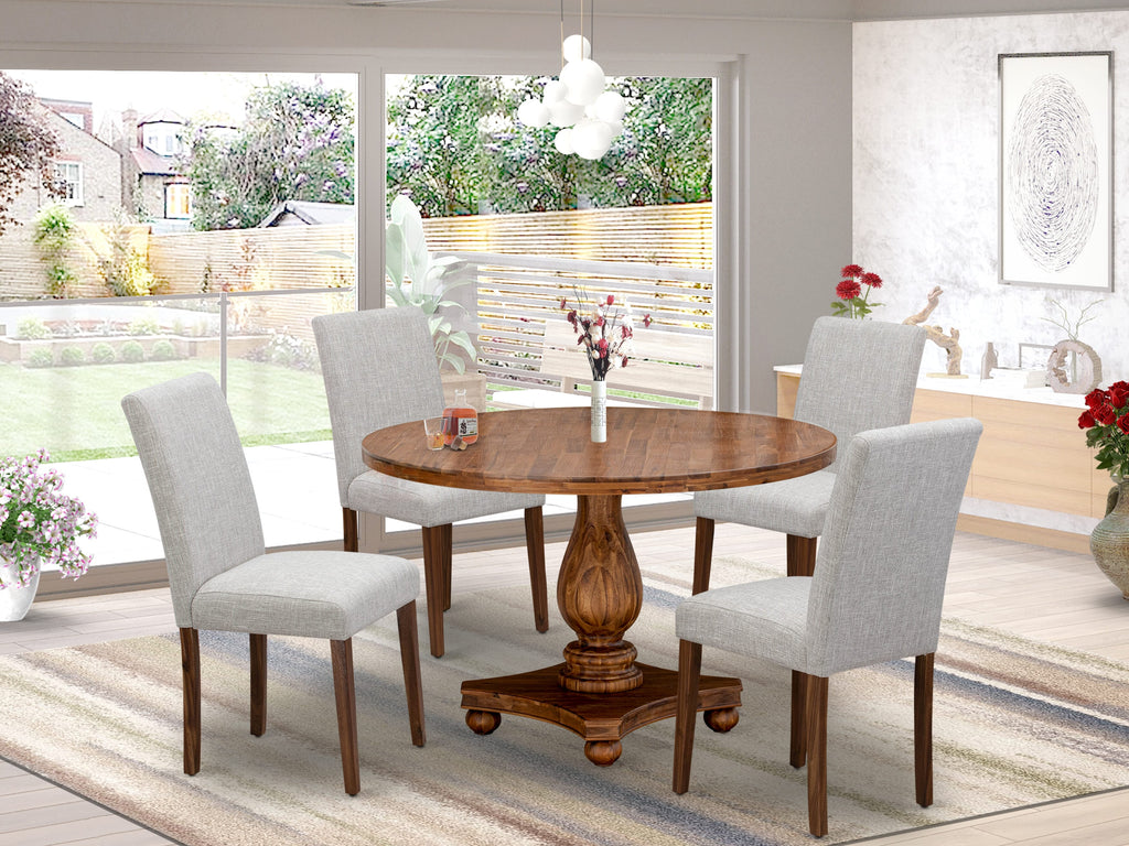 I2AB5-L0I Elegant 5-Piece Dining Ensemble Round Pedestal Table with 4 Doeskin Linen Chairs with Parson Detailing, Antique Walnut Finish