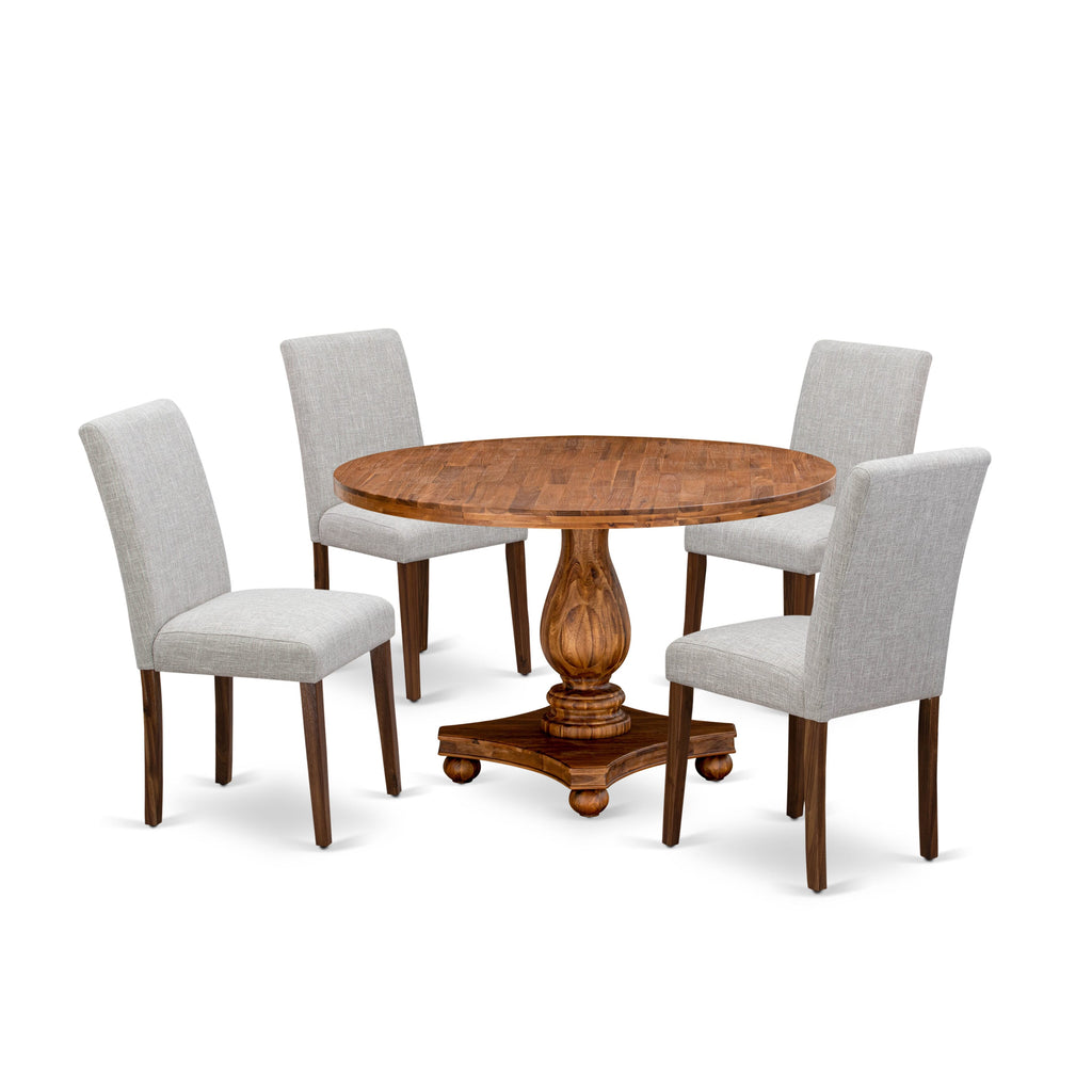 I2AB5-L0I Elegant 5-Piece Dining Ensemble Round Pedestal Table with 4 Doeskin Linen Chairs with Parson Detailing, Antique Walnut Finish