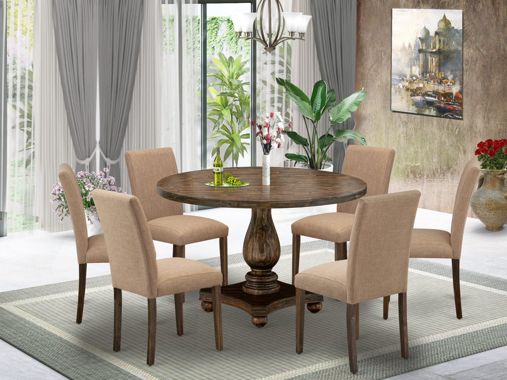 I2AB7-JQT 7-Piece Dining Ensemble Featuring Round Table with Pedestal and 6 Upholstered Chairs in Light Sable Linen, 48 Distressed Look