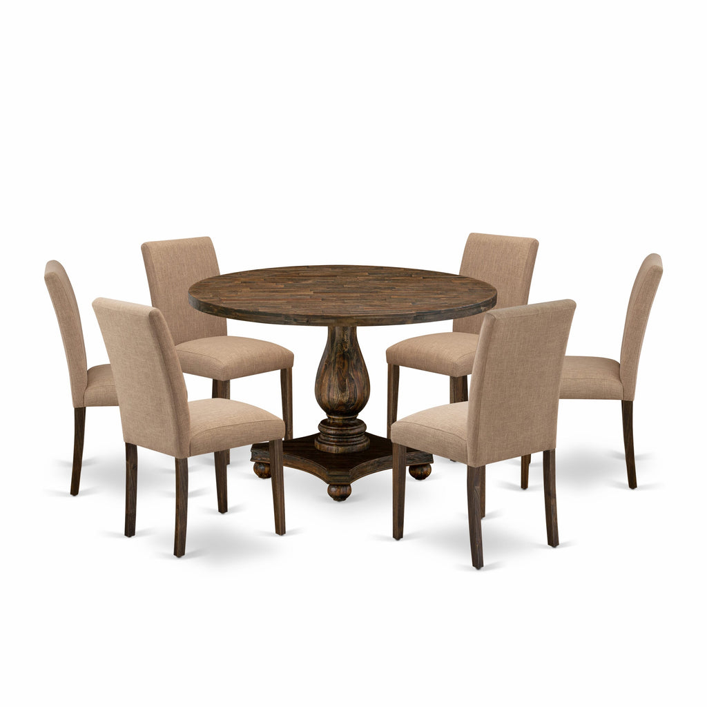 I2AB7-JQT 7-Piece Dining Ensemble Featuring Round Table with Pedestal and 6 Upholstered Chairs in Light Sable Linen, 48 Distressed Look