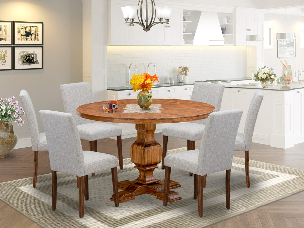 I2AB7-MFR Complete 7-Piece Round Dining Set with Pedestal Table & Linen Chairs in Walnut Finish
