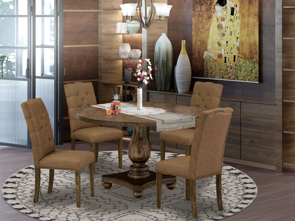 I2EL5-UG1 5-Piece Dining Ensemble - Distressed Jacobean Table and Brown Linen Upholstered Chairs